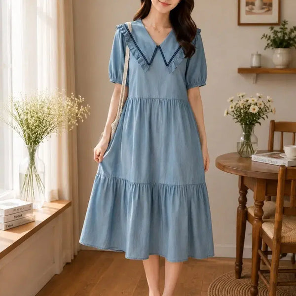 [BUNJANG] Plastic Island Blue Denim Ruffle Maxi Dress / 청 데님 캉캉 원피스 플라스틱아일랜드