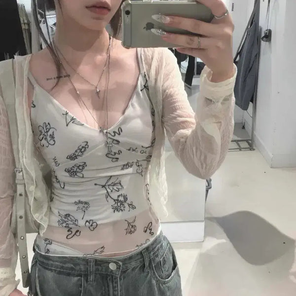 [BUNJANG] Sheer Sleeveless Tank Top / 드로잉 시스루 슬리브리스 나시
