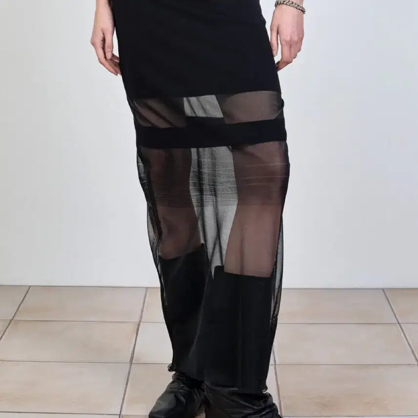 [BUNJANG] NACHE Gradient Knit Maxi Skirt Black / 나체 시스루 맥시 롱스커트 블랙