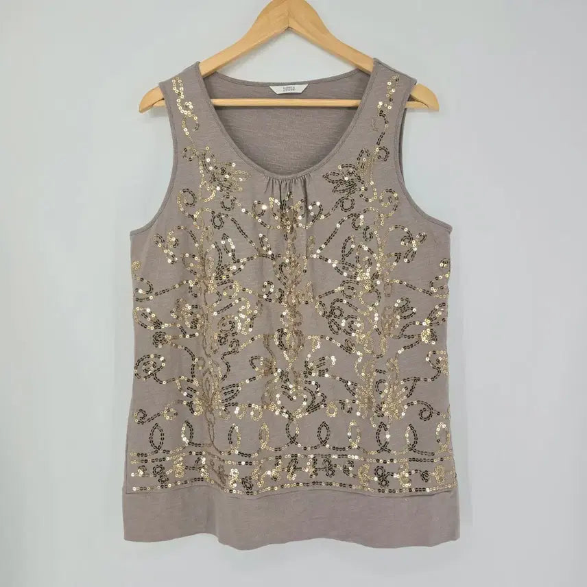 [BUNJANG] Marks & Spencer Gold Sequin Embroidered Sleeveless Top / MARKS & SPENCER 골드 스팽글 자수 민소매 탑 / 100% 코튼