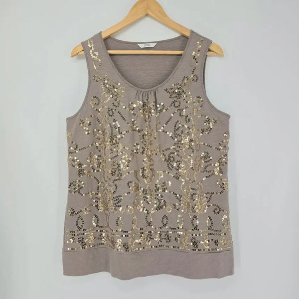 [BUNJANG] Marks & Spencer Gold Sequin Embroidered Sleeveless Top / MARKS & SPENCER 골드 스팽글 자수 민소매 탑 / 100% 코튼