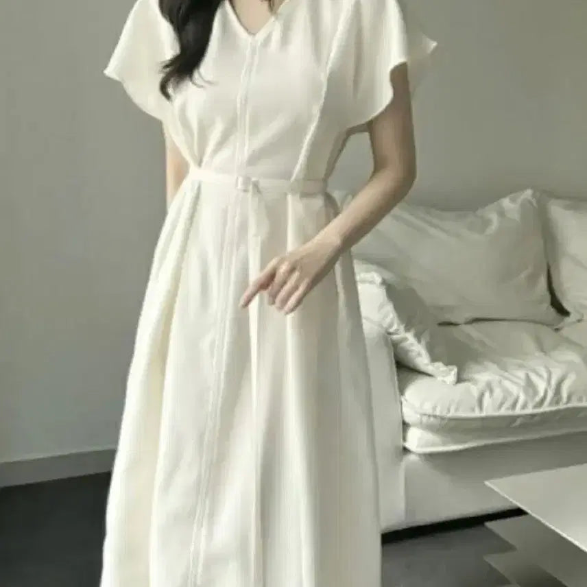 [BUNJANG] Belted V-Neck Long Dress with Wing Sleeves / 원가53 [새상품] 날개소매 벨트 브이넥 롱 원피스 하객룩 상견례룩