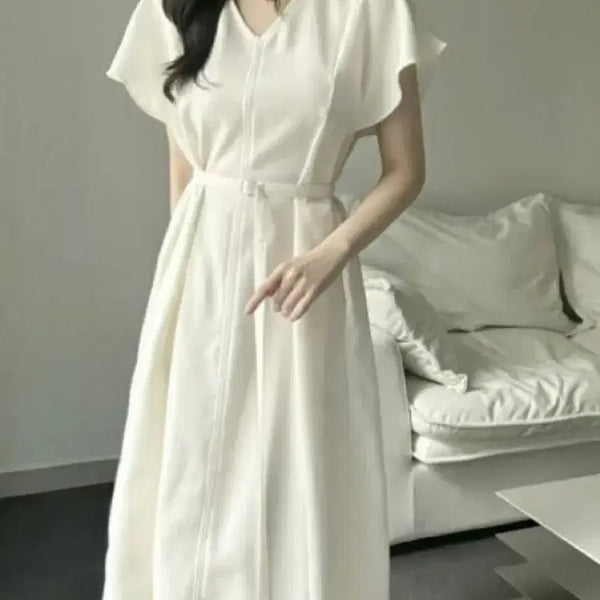 [BUNJANG] Belted V-Neck Long Dress with Wing Sleeves / 원가53 [새상품] 날개소매 벨트 브이넥 롱 원피스 하객룩 상견례룩