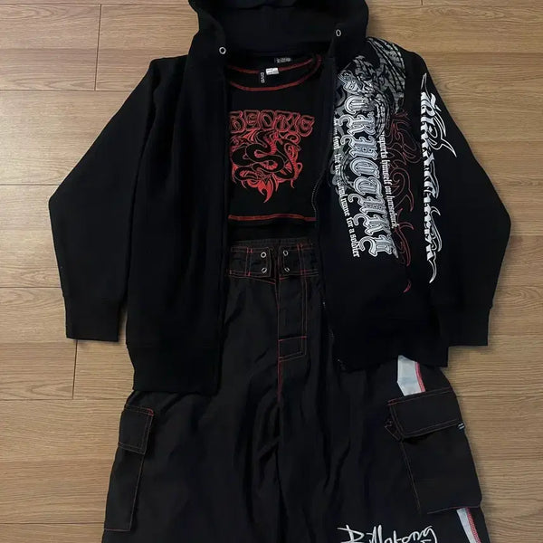 [BUNJANG] Black & Red Stitch Punk Coordi Set / 블랙레드 스티치 펑크 코디세트