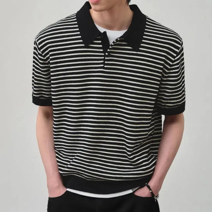 [BUNJANG] Alice Cool Cotton Stripe Knit Polo / 알리스 쿨 코튼 스트라이프 니트 폴로