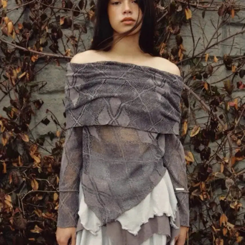 [BUNJANG] POLYSOOEM Argyle Lace Off-Shoulder Sweater Ash Brown / 새상품) 폴리수엠 아가일 레이스 오프숄더 스웨터 애쉬브라운