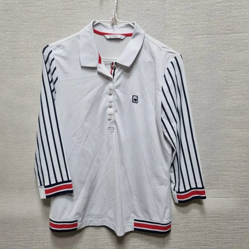 [BUNJANG] White Long-Sleeve Polo Shirt with Navy Stripe Sleeves / 차290 긴팔 카라티셔츠