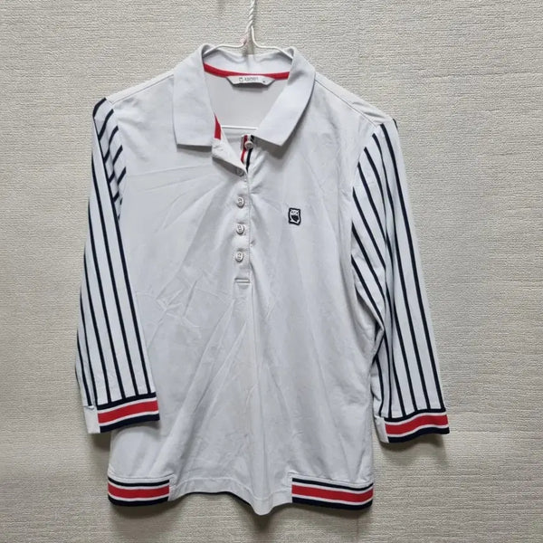 [BUNJANG] White Long-Sleeve Polo Shirt with Navy Stripe Sleeves / 차290 긴팔 카라티셔츠