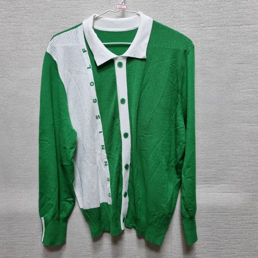 [BUNJANG] DENNIS GOLF Green and White Color Block Knit Cardigan / 차302 니트 가디건