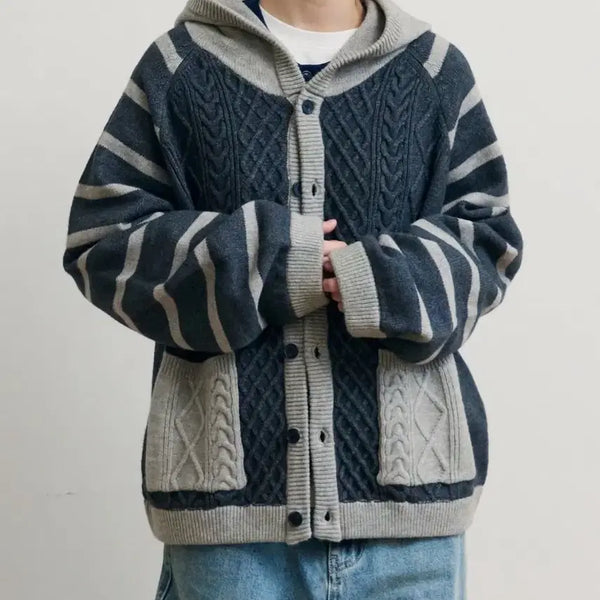 [BUNJANG] EASTLOGUE Stripe Cable Hooded Cardigan Truffle Grey M / 이스트서비스샵 스트라이프 케이블 후드가디건 트러플그레이 M