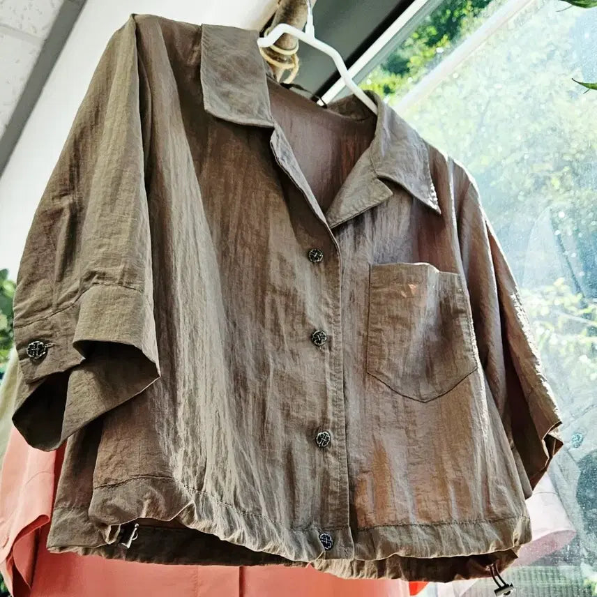 [BUNJANG] Brown String Cropped Shirt Jacket / 바스락 브라운 스트링 셔츠/자켓(66~)