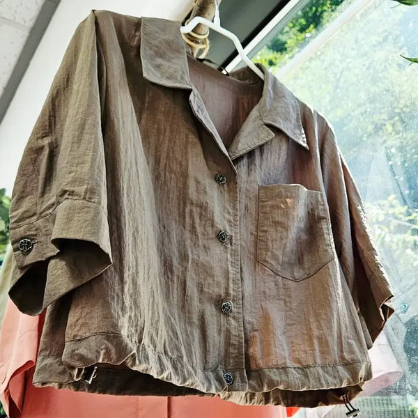 [BUNJANG] Brown String Cropped Shirt Jacket / 바스락 브라운 스트링 셔츠/자켓(66~)