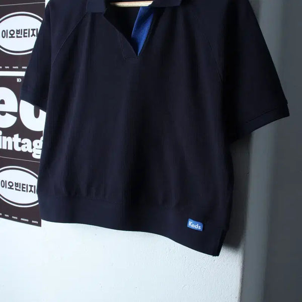 [BUNJANG] Kezz Raglan V-Neck Cropped T-Shirt Navy / W(S-M) 케즈 반팔 카라 티셔츠 브이넥 나그랑 크롭 네이비-H36502