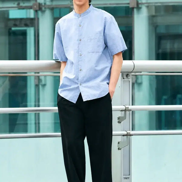 [BUNJANG] Uniqlo Linen Cotton Blend Stand Collar Short Sleeve Shirt Blue / 유니클로 린넨 리넨 차이나 스탠드 카라 반팔 셔츠 블루
