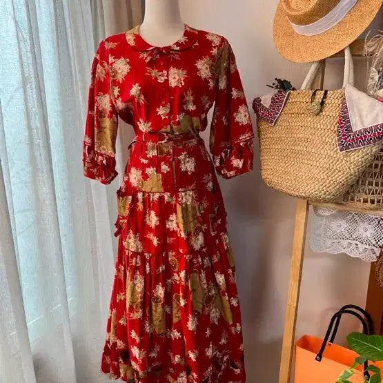 [BUNJANG] INGEBORG Bear Flower Pattern Long Dress Red / INGEBORG 잉게보르그 곰돌이 플라워패턴 롱원피스 레드