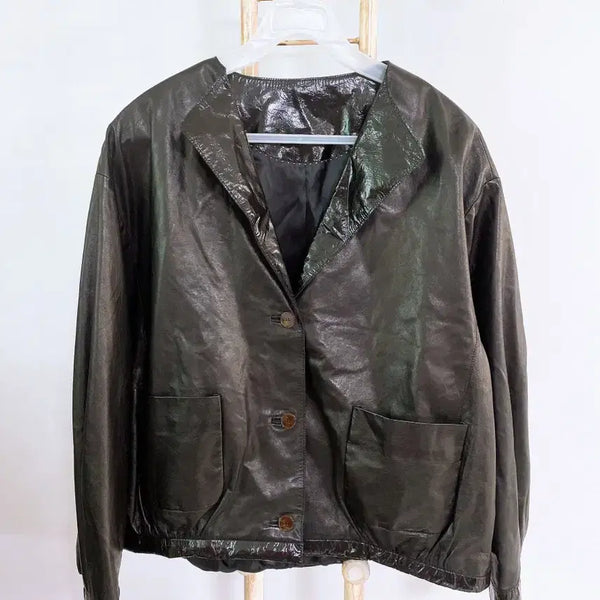 [BUNJANG] Mong Vintage Women's Glossy Contrast Raglan Fit Lambskin Jacket (Size 55) / 몽빈티지(55)여자유광배색나그랑핏양가죽자켓