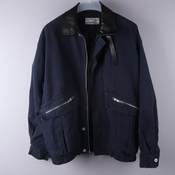 [BUNJANG] Leather Collar Detail Blouson Work Jacket Navy Size 3 / 가죽 카라 디테일 블루종 워크 자켓 네이비 (3)