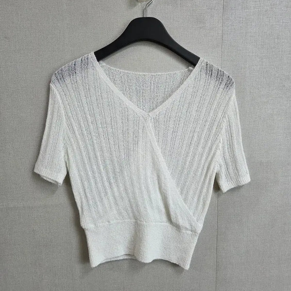 [BUNJANG] FOCUS Women's Wrap Design Short Sleeve Knit Top - White / FOCUS 여성 랩 디자인 반팔 니트 화이트 F JJ3419