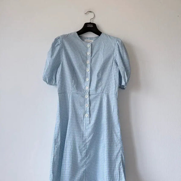[BUNJANG] Sky Blue Check Puff Short Sleeve Dress / 체크퍼프반팔원피스