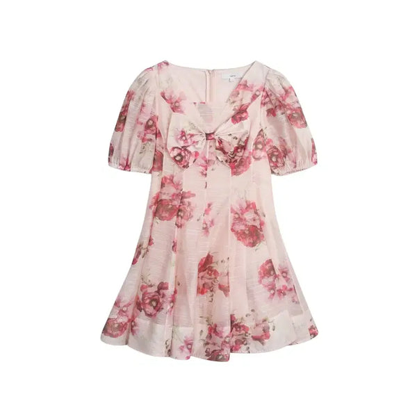 [BUNJANG] Satin Ribbon Floral Mini Dress / 여성66/ 샤틴 리본 플로럴 미니원피스