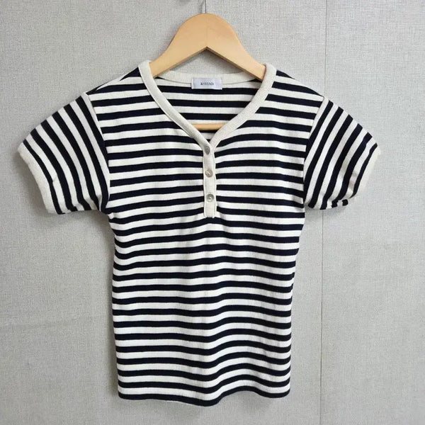 [BUNJANG] ROVENDI Women's Striped Short-Sleeve Slim Fit T-Shirt / ROVENDI 여성 단가라 반팔 슬림핏 티셔츠 F JJ3423
