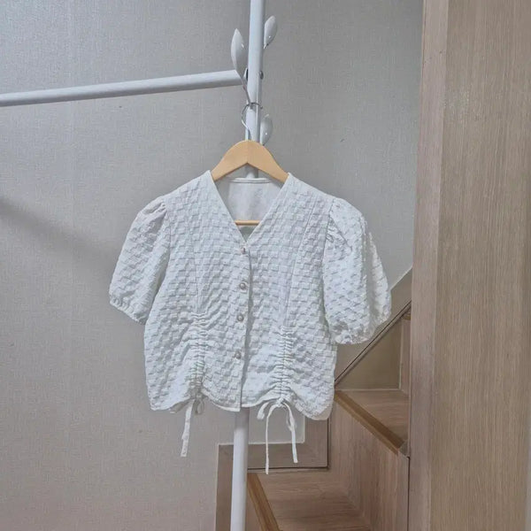 [BUNJANG] Puff Sleeve Shirring Blouse - White / 퍼프소매 셔링 블라우스 화이트