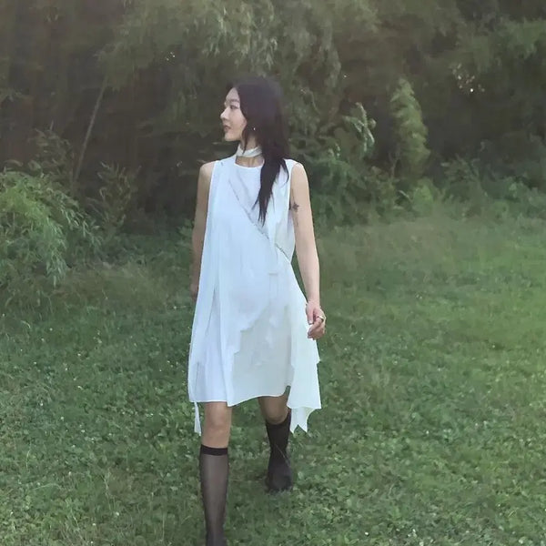 [BUNJANG] WinOut Made Mini Asymmetrical Cotton Dress White / 윈아웃 made 리니 코튼 나시 언발 미니 원피스 화이트