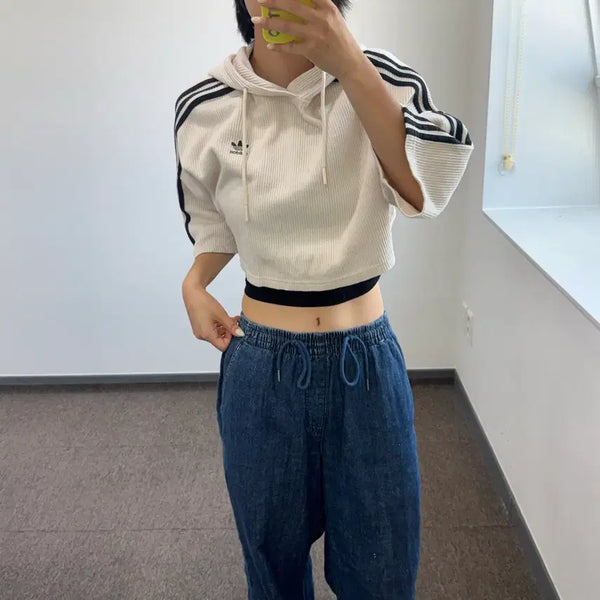 [BUNJANG] Adidas Ivory Knit Crop Hoodie / Adidas 아디다스 아이보리 니트 크롭 후드티
