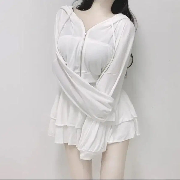 [BUNJANG] Balletcore Kkan Kkan Flare Mini Skirt + Hoodie Set (White) / 발레코어 캉캉 플레어 미니스커트 + 후드집업 세트 (화이트)