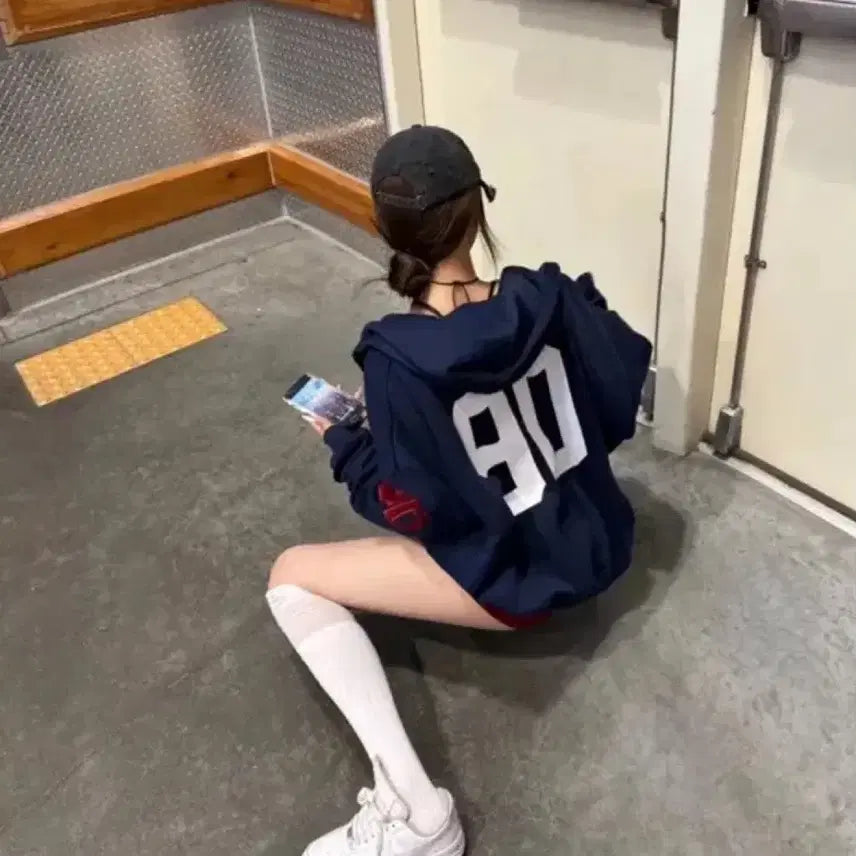 [BUNJANG] 90 Numbering Overfit Hooded Zip-up Navy / [새상품] 백프린팅 90 넘버링 오버핏 후드집업 / 네이비