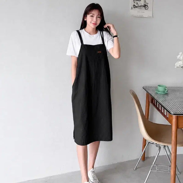[BUNJANG] Linen Blend Black Pinafore Dress / 린넨소재 국산 블랙 멜빵 원피스