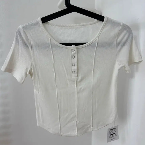 [BUNJANG] Button Short Sleeve T-Shirt White / 새상품 에이블리 버튼 티 반팔 화이트