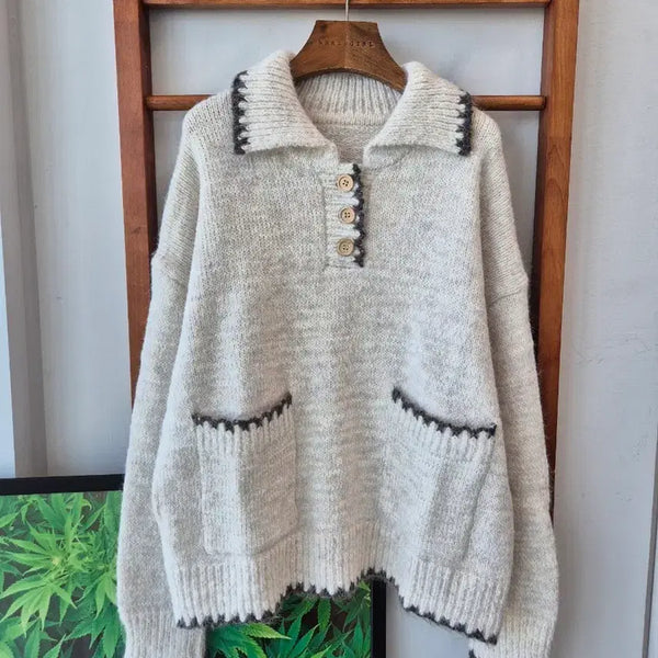 [BUNJANG] Collared Pocket Knit Oatmeal / (새상품) 카라 포켓 니트 오트밀