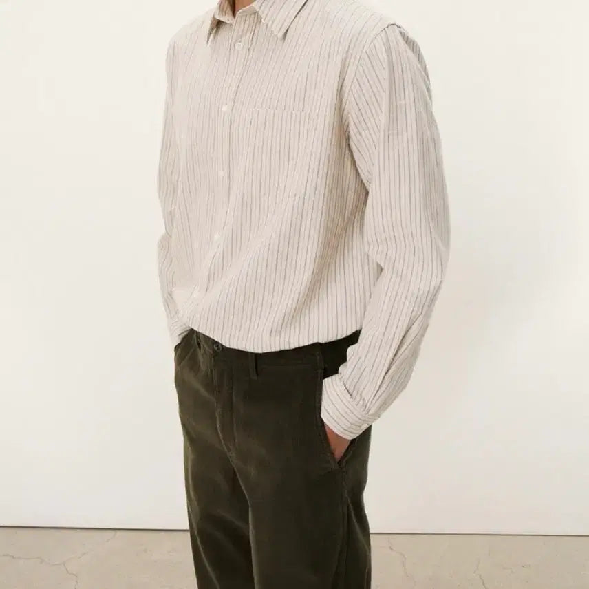 [BUNJANG] Pottery Organic Cotton Button-Down Shirt Beige Stripe / [4] 포터리 오가닉 코튼 버튼다운 셔츠 베이지 스트라이프