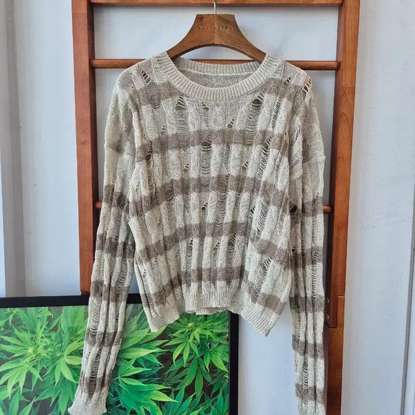 [BUNJANG] Stripe Mesh Knit Sweater (Beige) / (새상품) 스트라이프 그물 니트 베이지