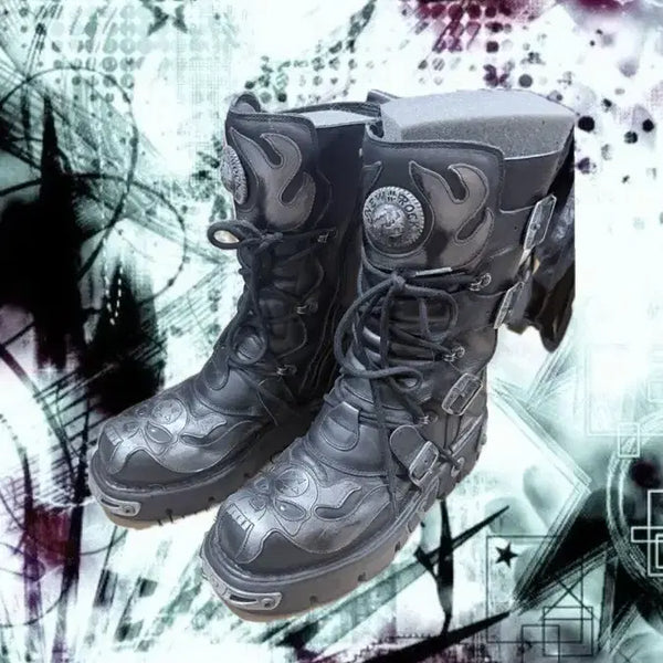[BUNJANG] New Rock Gray Flame & Skull Head Metallic Plate Boots M-107-S2 / [뉴락 NEW ROCK] 그레이 플래임 & 스컬헤드 메탈플레이트 BOOT METALLIC M-107-S2