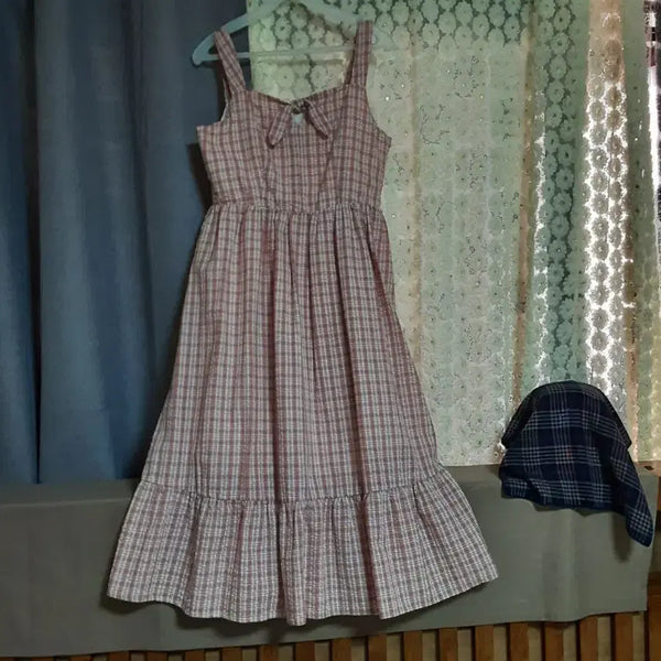 [BUNJANG] Gingham Fabric Check Long Dress / 지지미원단 체크 원피스