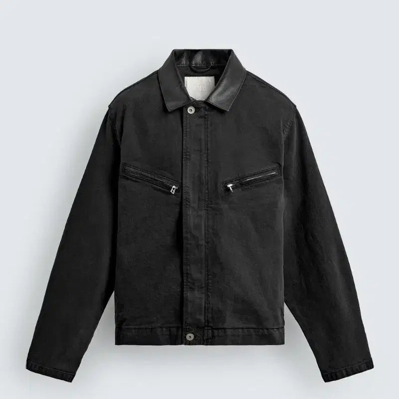 [BUNJANG] Zara Buffalo Leather Panel Color Block Denim Jacket (L) / 자라 버팔로 소가죽 배색 칼라 데님 자켓 (L)