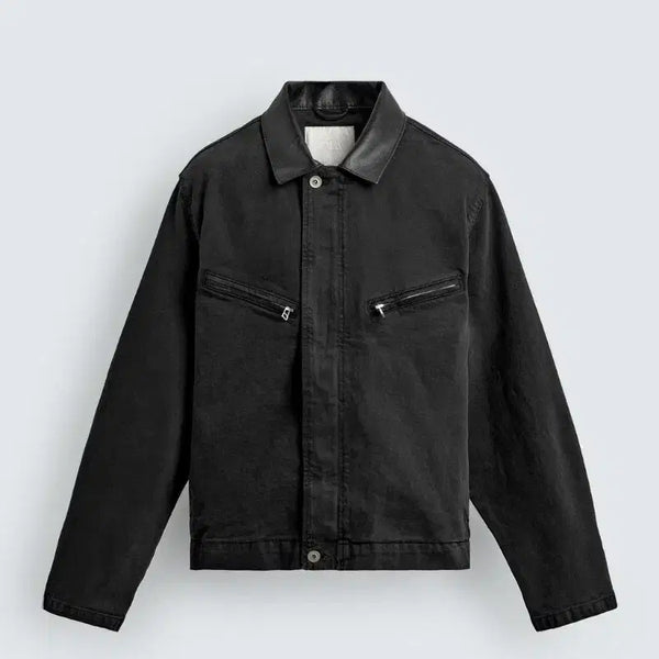 [BUNJANG] Zara Buffalo Leather Panel Color Block Denim Jacket (L) / 자라 버팔로 소가죽 배색 칼라 데님 자켓 (L)