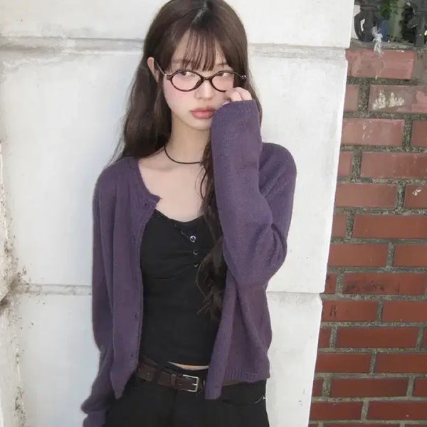 [BUNJANG] Noki Basic Button Round Knit Cardigan (Purple) / 유색 노키 베이직 버튼 라운드 니트가디건 (퍼플)