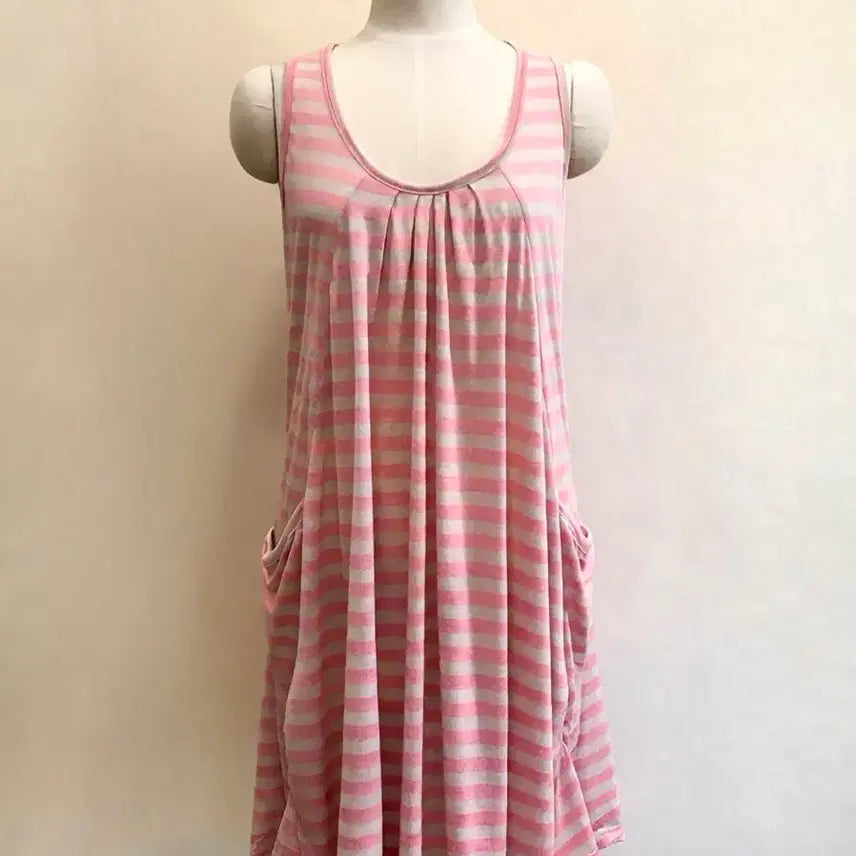 [BUNJANG] Pink Striped Pintuck Pocket Sleeveless Dress / 핑크 단가라 핀턱 포켓 나시 원피스