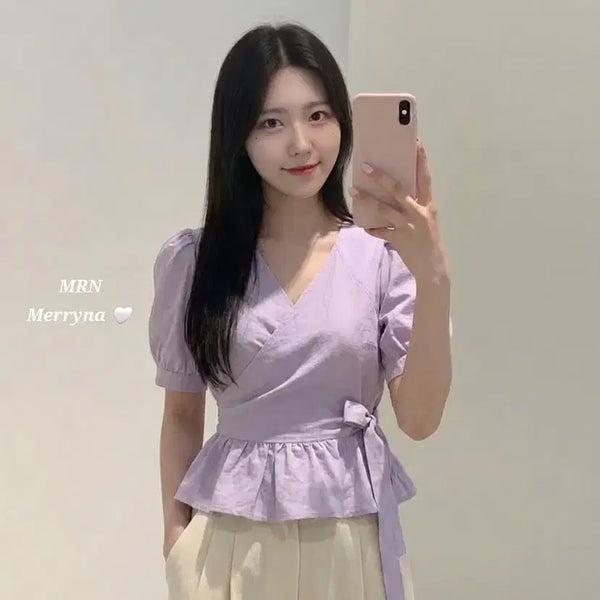 [BUNJANG] Merryna Ribbon Puff Frill Shirring Wrap Blouse / [빠른배송] 리본 퍼프 프릴 셔링 랩 블라우스 2color