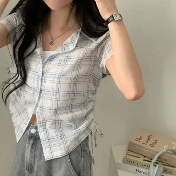 [BUNJANG] Sugar Powder Robin Vintage String Check Short Sleeve Shirring Blouse - Ivory / 에이블리 슈가파우더 로빈 빈티지 스트링 체크 반팔 셔링남방 셔츠 아이보리 Free