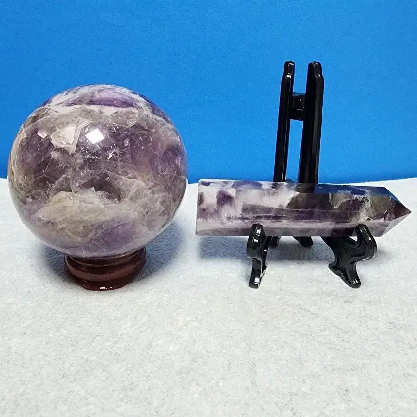 [BUNJANG] Natural Amethyst Raw Stone Ball & Point Tower Set with Stand / 천연 자수정 원석 볼 & 포인트 타워 + 받침대