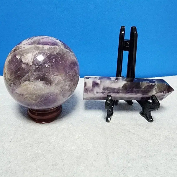 [BUNJANG] Natural Amethyst Raw Stone Ball & Point Tower Set with Stand / 천연 자수정 원석 볼 & 포인트 타워 + 받침대