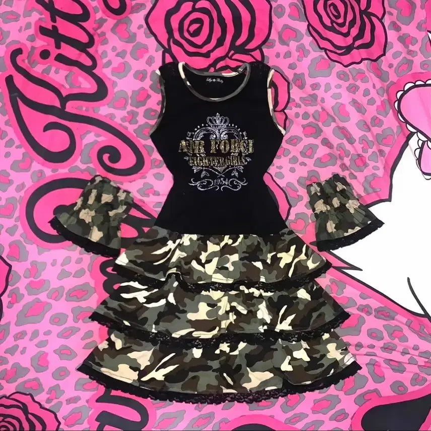 [BUNJANG] Shirokitty Y2K Camouflage Lace Glitter Tiered Dress / 시로키티 y2k 갸루 카모플라쥬 레이스 글리터 캉캉 원피스 히메 오네