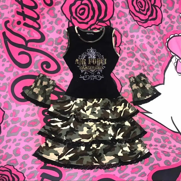[BUNJANG] Shirokitty Y2K Camouflage Lace Glitter Tiered Dress / 시로키티 y2k 갸루 카모플라쥬 레이스 글리터 캉캉 원피스 히메 오네
