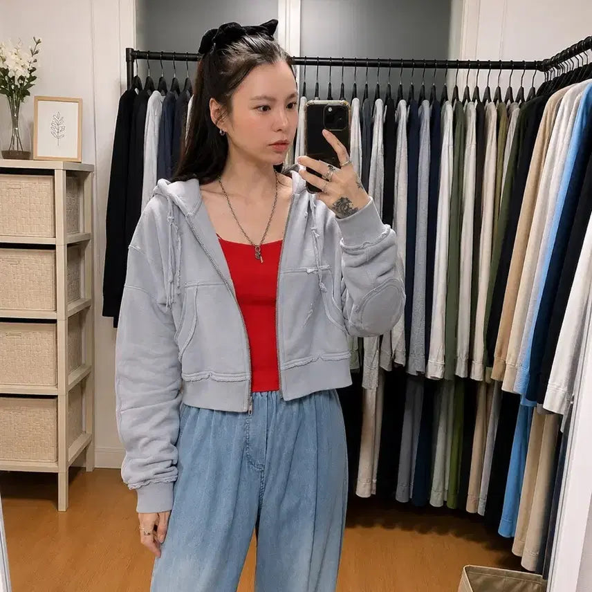 [BUNJANG] Matin Kim Peaches Crop Hoodie Zip-Up Gray / 마뗑킴 피치스 크롭 후드집업 그레이 F