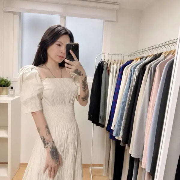 [BUNJANG] ANNA QUAN Puff Sleeve Shirring Dress Ivory / 안나퀸(ANNA QUAN)퍼프소매 셔링 원피스 아이보리