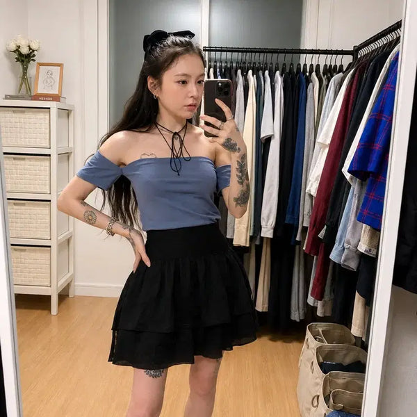 [BUNJANG] STYLENANDA Off-Shoulder Strap Short-Sleeve T-Shirt (Sky Blue, Free Size) / 스타일난다 오프숄더 스트랩 반팔티 소라색 FREE